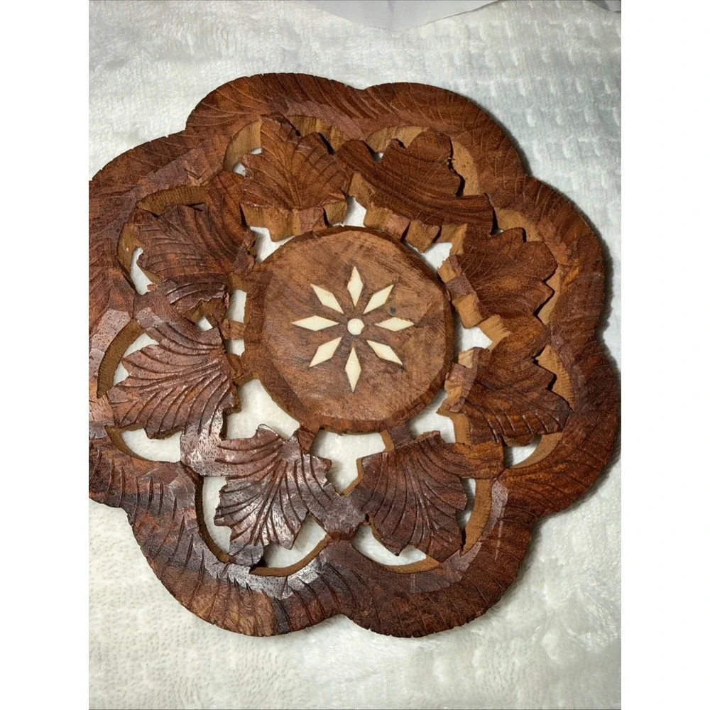Vintage Wood Hand Carved Trivets Made In India 6